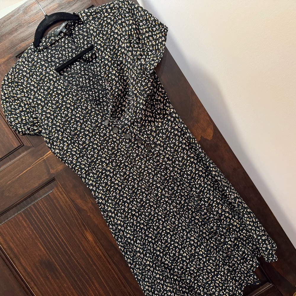 Floral Black Dress with diagonal buttons